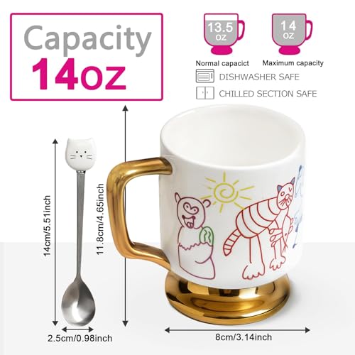 Christmas Mugs Whimsical Animal Ceramic fun Coffee Mug – 14oz Childlike Hand-Drawn Cat, Dog & Bear Design – Cute gothic Coffee Cup Gift for Women, Girls, Kids (white) - color: White