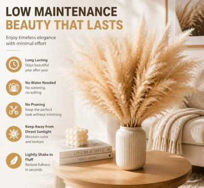 43.3 Inch Natural Pampas Grass Bouquet, 23.6 Inch Large Fluffy Plumes, Zero Maintenance Boho Farmhouse Decor for Floor Vase, Wedding Party Home Decoration, 10 Stems