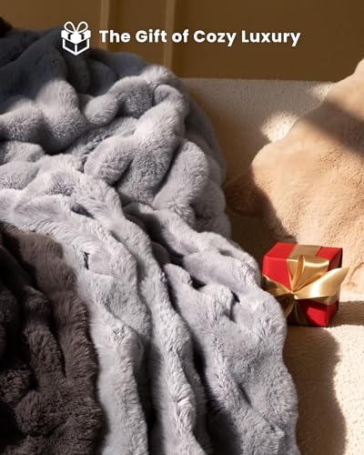 Ultra Soft Cozy Faux Fur Throw Blanket, Fuzzy Plush Thick Bubble Blanket, Oversize Luxury Fluffy Blanket for Couch, Bed, and Living Room, 60x80 Inches, Light Grey - color: Bubble Light Grey, size: Twin