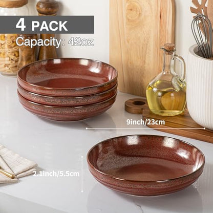 HAPPY KIT Stoneware 9'' Pasta Bowls 42oz Set of 4, Rust Red | 42 Oz, Stoneware Reactive Glaze, Ceramic Serving Bowls for Fruit, Soup, Noodle, Dinner, Scratch Resistant - color: RustRed