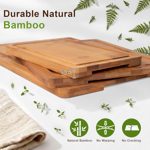 Cutting Board Set with Holder, Space Saving Kitchen Bamboo Chopping Boards, Build in Juice Groove and Grip Handle, Durable Wooden Serving Board for Meal Prep & Charcuterie, Gift Idea - color: Carbonized Bamboo, size: Set of 3 | Small + Medium + Large