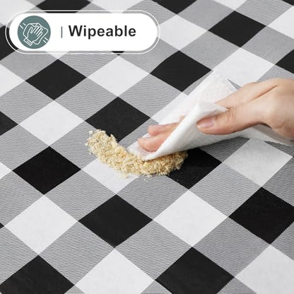 Round Waterproof Vinyl Table Cloth, Buffalo Flannel Backed Tablecloth, Wipeable Plastic Table Cover for Dinner, Kitchen, Picnic (60", Black and White) - color: Black and White, size: 60" (Round)