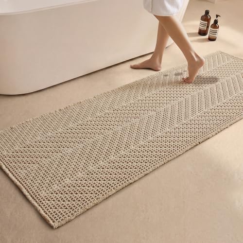 Sunfly Waffle Runner Rug Bathroom, Boho Bath Mat Super Absorbent & Quick Dry, Non-Slip Washable with Tassels, Ultra Soft Farmhouse Long Bathroom Rug 24"x72" Beige - color: Beige, size: 2' x 6' (Rectangular)