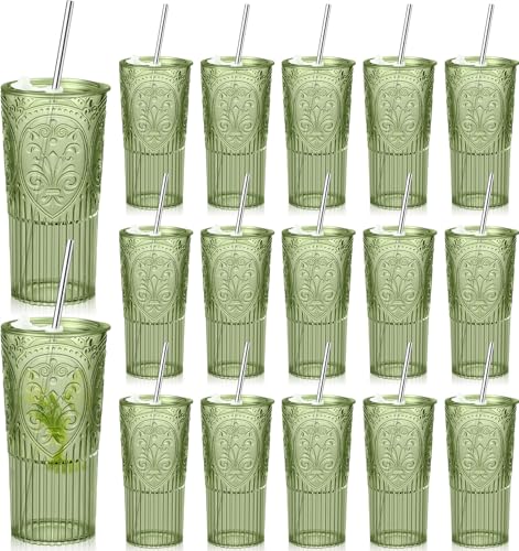 16 Set 20oz Vintage Plastic Tumbler with Lids and Straws Ribbed Floral Drinking Glasses Reusable Iced Coffee Cups for Water Juice Smoothie Cocktail Travel Party Events Gift (Green) - color: Green