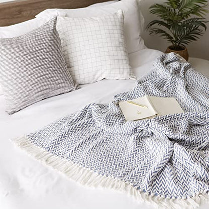 DII Modern Zig Zag Throw Blanket Woven Cotton, Hand-Knotted 2.5" Fringe, 50x60, Stonewash Blue - color: Stonewash Blue, size: 50x60"