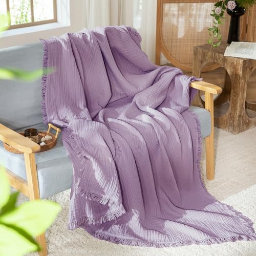 MooMee 100% Cotton Muslin Blanket, Fringed 4-Layer Gauze Bed Couch Throw | Soft Breathable Lightweight Thin Coverlet Summer Blankets for Adults, Bed & Couch All Seasons, Light Purple, 50" x 70" - color: Light Purple, size: Throw XL