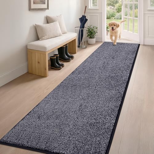 PURRUGS Hallway Runner Rug, 24" x 84", Bluish Grey-Black | Machine Washable, Non-Slip, Waterproof TPR Backing, Super Absorbent, Low Profile, For Hallway, Kitchen, and Entryway - color: Bluish Grey-black, size: 24" X 84"