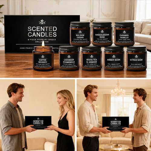 8 Pack Soy Wax Scented Candles Gift Set, Aromatherapy Candles with Lavender Chamomile, Citrus Sage, Caramel Vanilla, Coffee Whiskey, Long Lasting Stress Relief Candle, Unisex Home & Gift Set for Men - color: Signature Scents Set