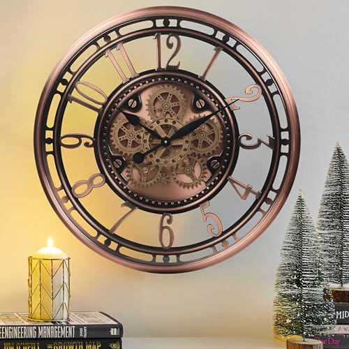 28" Oversized Moving Gear Wall Clock for Living Room Decor,Copper | SIilent Non Ticking, Aluminum Arabic Numeral, Unique Modern Wall Clock for Dinning Room, Entryway & Home Office - color: Arabic Copper, size: 28"