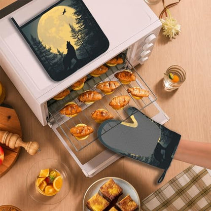 Black Wolf Howling at The Moon Oven Mitt and Pot Holder with Silicone Heat Resistant Kitchen for Cooking BBQ Baking Grilling Cooking Protection - color: Black Wolf Howling at the Moon