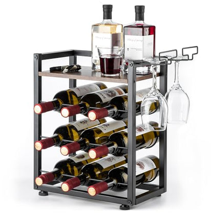 facka Wooden Countertop Wine Rack with Tray, Freestanding Wine Bottle Holder for 9 Bottles & 2 Glasses, Rustic Wine Stand for Home, Bar, Kitchen, Wine Cellar