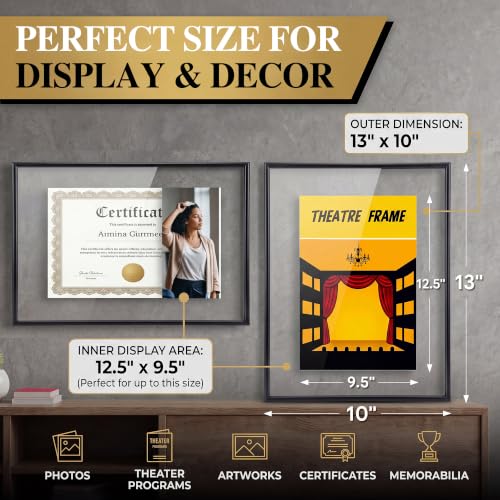 13x10'' Floating Picture Frame with Crystal Clear Glass, Modern Glass Floating Frame for theater bill, Photos, Artwork, Tickets & Pennants, Metal See Through Picture Frames for Wall Display