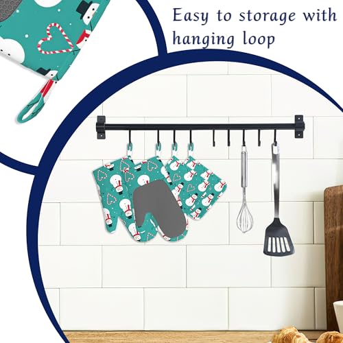 Christmas Snowmen Oven Mitts and Pot Holders Sets of 4 Love Heart Candy Canes Heat Resistant Silicone Oven Mits Gloves Non-Slip Kitchen Mittens Potholders for Cooking Baking Grilling BBQ - color: Christmas Snowmen,love Heart Candy Canes