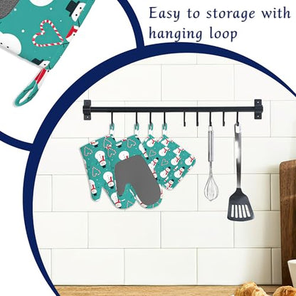 Christmas Snowmen Oven Mitts and Pot Holders Sets of 4 Love Heart Candy Canes Heat Resistant Silicone Oven Mits Gloves Non-Slip Kitchen Mittens Potholders for Cooking Baking Grilling BBQ - color: Christmas Snowmen,love Heart Candy Canes