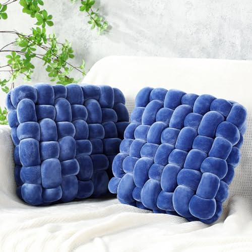 Wenqik 2 Pcs Knot Pillows Square Knotted Plush Throws Soft Accent Pillows Decoration Cushion for Couch Home Office Living Room Bedroom Bed Sofa Decor, 12'' x 13''(Blue,Crystal Velvet) - color: Blue
