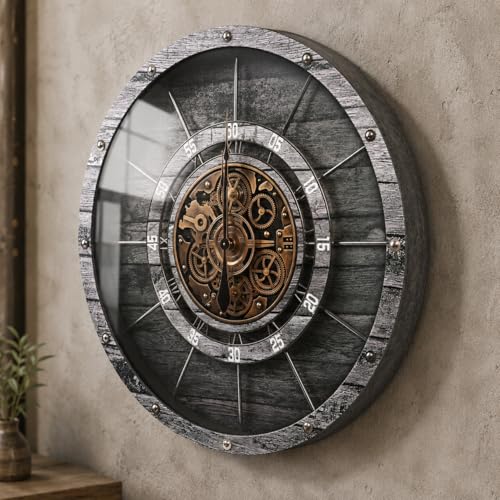 HOIBAI Large Wall Clock, Wall Clocks for Living Room Decor 30 Inch Farmhouse Vintage Rustic Kitchen Wall Decor Vintage Roman Oversized Wall Clock for Home Bedroom House Office, Moving Gears Clock - color: Vintage Wood Carbon Gray, size: 30 Inch
