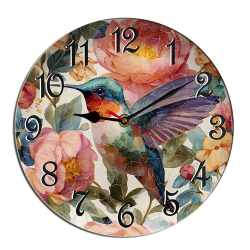 Hummingbird Spring Wall Clock Spring Floral Wooden Thanksgiving Decorative Wooden Battery Operated Quartz Silent Hanging Clock for Bedroom Living Room Coffee Bar Round 12" - color: A-6, size: Round 12inch