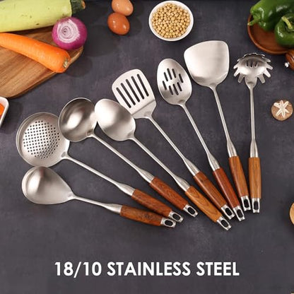 18/10 Stainless Steel Kitchen Utensils Set with RooseWood Handle | 15″ Metal Cooking Tools, 8-Pieces Cooking Spoons Set - Spatula, Ladle, Skimmer, Turner, Pasta, Solid Spoon, Slotted Spoon