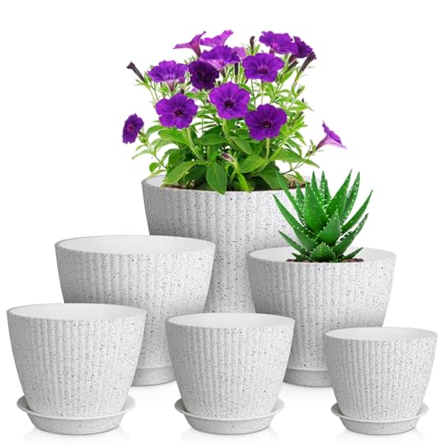 Meowell 7/6.2/5.5/5/4.5/4 inch Flower Pots, 6 Pack Plant Pots for Small Indoor Outdoor Plants, Plastic Planters with Drainage Holes and Saucers for Garden Succulent House Plants, Speckled White - color: Speckled White-6 Pack