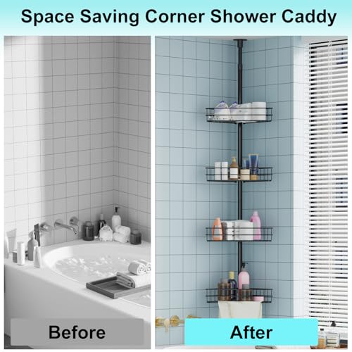 Garvee Corner Shower Caddy Tension Pole, 76 in-110 in Adjustable Bathroom Organizer Shelves, 4-Tier Rustproof Bathroom Shelves with Built-In Towel Bars to Space-Saving, Black | Adjustable Bathroom Shelf Organizer, Rust-Resistant Floor to Ceiling Storage R