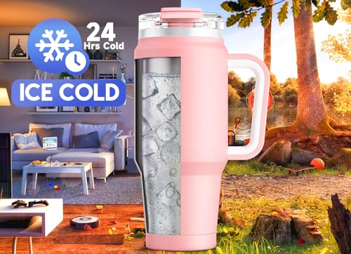 Meoky 32 oz Tumbler with Handle, Insulated Tumbler with Lid and Straw, Stainless Steel Travel Mug, Keeps Cold for 24 Hours, 100% Leak Proof, Fits in Car Cup Holder (Blush) - color: Blush, size: 32 Ounces