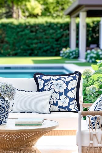 Hofdeco Premium Coastal Patio Indoor Outdoor Scalloped Lumbar Pillow Cover Only, 12"x20" Water Repellent for Backyard, Couch, Baby Blue Print Stripes - color: Baby Blue Stripes B 12"x20"