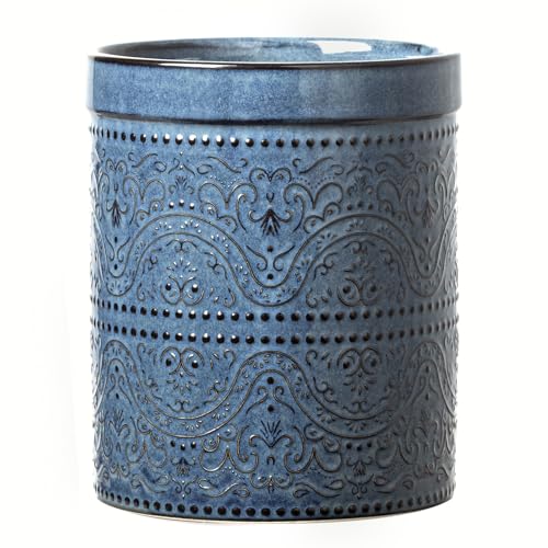 Kitchen Utensil Holder, 7 Inches Large Ceramic Utensil Holder for Countertop, Lace Emboss Cooking Utensil Crocks for Kitchen, Home Decor, Reactive Blue - color: Reactive Blue (Lace Emboss)