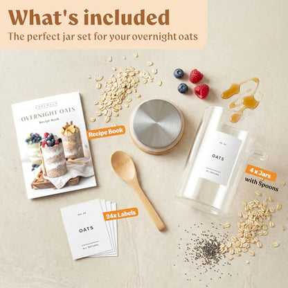 Overnight Oats Containers with Lids - Glass Mason Jars, Meal Prep | Bamboo Wood, Airtight Silicone Seal Set of 4 - Includes Spoons, 40 Labels for Chia Pudding, Yogurt, Cereal, Oatmeal - color: 4 pack - Bamboo Lid
