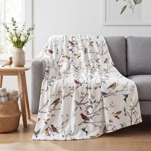 Horaldaily Spring Summer Birds Branch White Flannel Throw Blanket 50x60 | All Season Using Ultra Soft Fuzzy Plush Cozy Non-shedding Blanket for Couch Sofa Bed Camping, Ideal Gift for Kids Adults - color: White, size: Throw(50x60'')