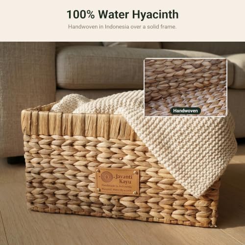 Handmade Water Hyacinth Wicker Storage Basket with Handles – Rectangle Organizer Bin for Shelves, Blanket, Bathroom, Closet – Stackable – Decorative & Durable (1, M: 14" x 10" x 8") - size: M: 14" x 10" x 8"