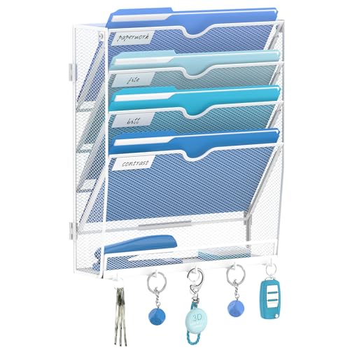 5-Tier Wall File Organizer and Mail Organizer with 5 Hooks, White | Label slots, curved openings, 5 key hooks, and a bottom tray support organized mail, file, and everyday item storage. - color: White, size: 5 Tier