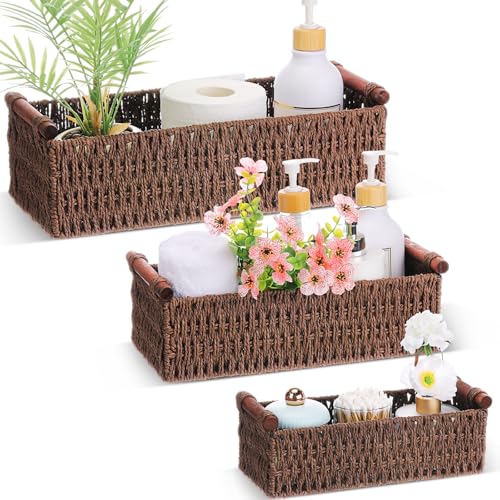 Boao 3 Pcs Boho Storage Wicker Baskets Handmade Woven Decorative Paper Rope Baskets for Organizing with Handle Countertop Toilet Paper Storage Container for Toilet Tank Top(Brown,Rectangle) - color: Brown, style: Rectangle