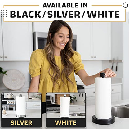 Heavy-Duty Stainless Steel Paper Towel Holder - Easy One-Handed Tear with Suction Cups - Modern Weighted Standing Countertop Dispenser for Kitchen - Holds All Paper Towel Rolls, Black - color: Black