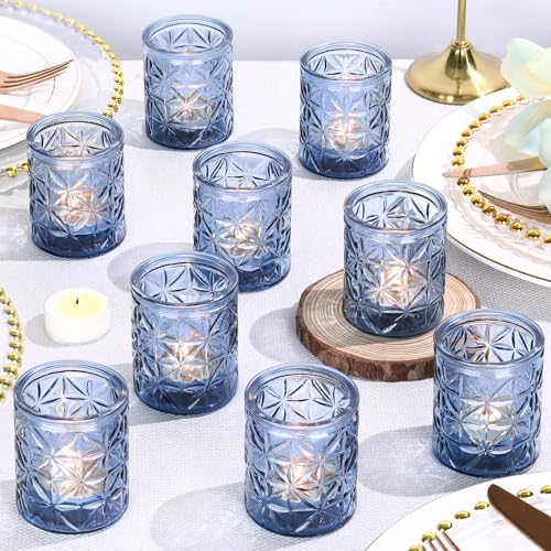 12 Pack Blue Votive Candle Holders, Vintage Blue Candle Holders, Tealight Candle Holder for Wedding Table Centerpieces, Bridal Shower, Home Decor, Birthday, Party Table Decor - color: Blue