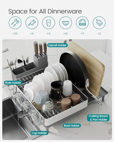 SONGMICS Large Dish Drying Rack, Expandable Dish Dryer for Kitchen Counter, Stainless Steel Dish Rack with Rotatable Spout, Utensil, Cup, Glass, Cutting Board, Pan Holders, Silver and Gray UKCS037G01 - color: Silver + Gray, size: 19.9"D x 19.1"W x 8.9"H