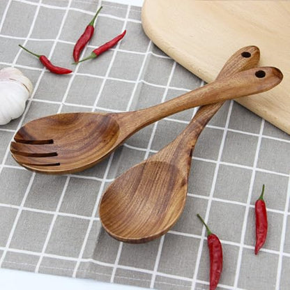 Wooden Salad Servers, 10.2" Acacia Wood Salad Fork & Spoon for Serving, Olive Wood Salad Serving Utensils Set of 2, Teak Salad Tongs for Kitchen
