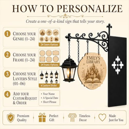 Personalized Genre Bookshelf Lamp with Warm Lantern | Custom Reading Nook Bookend Sign, Engraved Wooden, Book Lover Gift, Fantasy Library Decor
