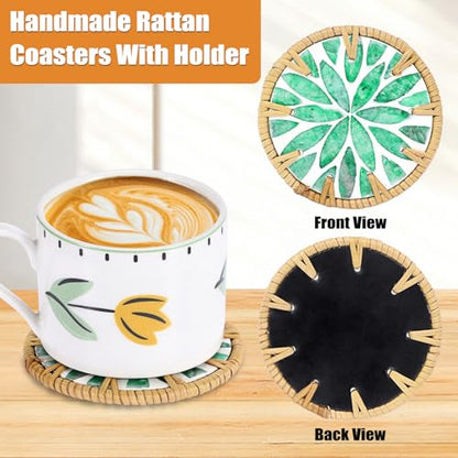 Boho Coastal Coasters Set of 6, Handmade Coasters with Holder - Cup Mat for Coffee Table, Boho Coaster for Home Décor Accents, Heat Insulation, Rattan & Mother of Pearl, 4 Inch(Green Leaf) - style: Green Leaf
