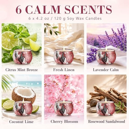 Scented Candles Gift Set for Women, 6 Pack Soy Wax Candle Set in Decorative Tins, 24 oz Total, 180 Hours Burn Time, Floral and Fruity Aromatherapy Candles, Birthday, Thank You, Housewarming Gifts - size: Large 6-Candle Set (Calm)