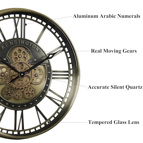 21" Metal Roman Numeral Wall Clock with Moving Gears, Gold | SIilent Non Ticking, Aluminum Dial, Unique Modern Wall Clocks for Living Room, Dinning Room, Entryway & Home Office - color: Roman Brass Gold, size: 21"