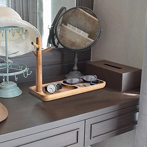 Wood Key Tray for Entryway Table, Jewelry Tray, Catchall Tray with 3 Stand Hanging Organizer, for Rings, Phone, Bracelets Watches