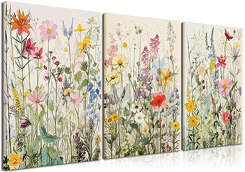 KISSFOX 3 Piece Watercolor Flower Framed Wall Art Decor Colorful Botanical Wildflower Pictures Paintings Wall Decor Modern Minimalist Floral Canvas Art Prints Artwork For Bedroom Living Room Bathroom - color: Colorful 1, size: 16x24 In Canvas