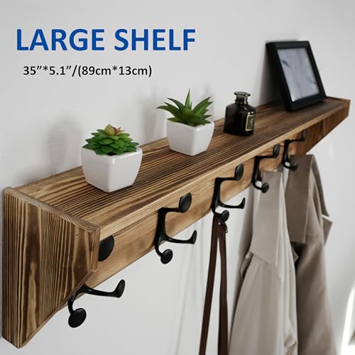 WEBI Wall Shelf with Hooks Underneath,35" Long Wall Mounted Coat Rack with Shelf,Entryway Coat Rack with 5 Triple Hooks for Hanging Coats,Jacket,Hallway,Bedroom,Mudroom,Brown - color: Brown, size: 35 Inch