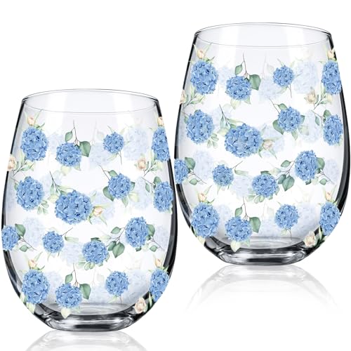 Sliner 2 Pack 17oz Hydrangea Stemless Wine Glasses Spring Summer Floral Drinking Glasses Hydrangea Tumbler Cups for Spring Summer Parties Supplies Birthday Gift - style: Hydrangea