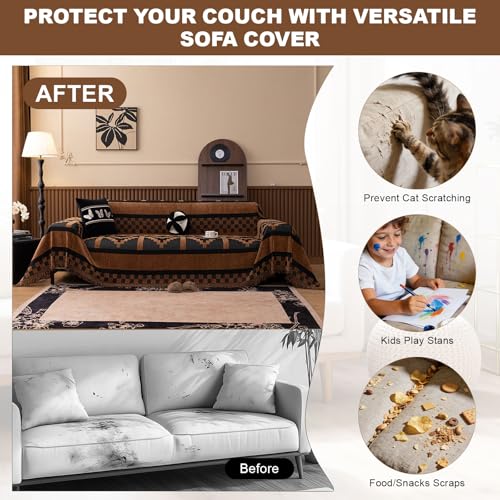 ROOMLIFE Dark Brown Couch Cover 3 Cushion Sofa, Washable Non Slip Furniture Sofa Protector Cover, Soft Chenille Sofa Slipcovers Sectional L Shape Dogs Couch Cover Throw Blanket with Tassels71''X118'' - color: Yd#brown, size: Large（71*118IN）