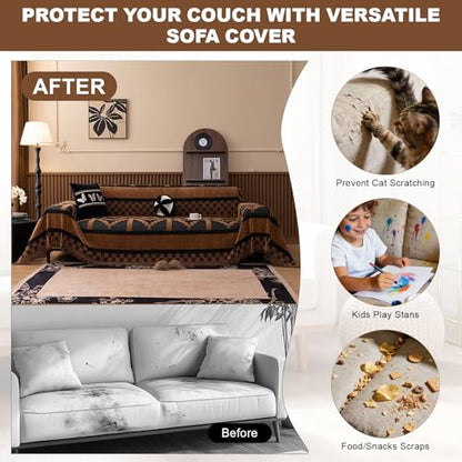 ROOMLIFE Dark Brown Couch Cover 3 Cushion Sofa, Washable Non Slip Furniture Sofa Protector Cover, Soft Chenille Sofa Slipcovers Sectional L Shape Dogs Couch Cover Throw Blanket with Tassels71''X118'' - color: Yd#brown, size: Large（71*118IN）