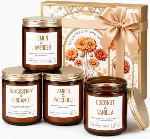 Scented Candle Gift Set, 4 Pack Long Lasting Amber Candles with Wooden Wick | Birthday Gifts for Women and Men, Candles with Amber Patchouli, Vanilla Coconut, Lemon Lavender, Blackberry & Bergamot - color: 4-Pack Amber Candles