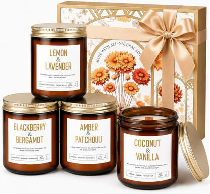 Scented Candle Gift Set, 4 Pack Long Lasting Amber Candles with Wooden Wick | Birthday Gifts for Women and Men, Candles with Amber Patchouli, Vanilla Coconut, Lemon Lavender, Blackberry & Bergamot - color: 4-Pack Amber Candles