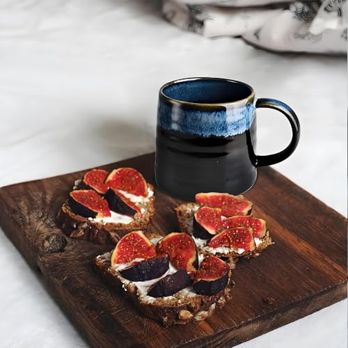 15.5oz Large Heavyweight Ceramic Mug, Reactive (Blue-Black) | 15.5oz Medium-Large, Heavy Weighted Stoneware, Reactive Transmutation Glaze, Microwave & Dishwasher Safe, Gift Box - color: Blue-Black