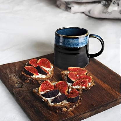 15.5oz Large Heavyweight Ceramic Mug, Reactive (Blue-Black) | 15.5oz Medium-Large, Heavy Weighted Stoneware, Reactive Transmutation Glaze, Microwave & Dishwasher Safe, Gift Box - color: Blue-Black
